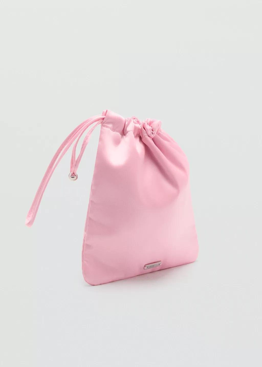 Pink Ruched Satin Pouch, Pink, medium