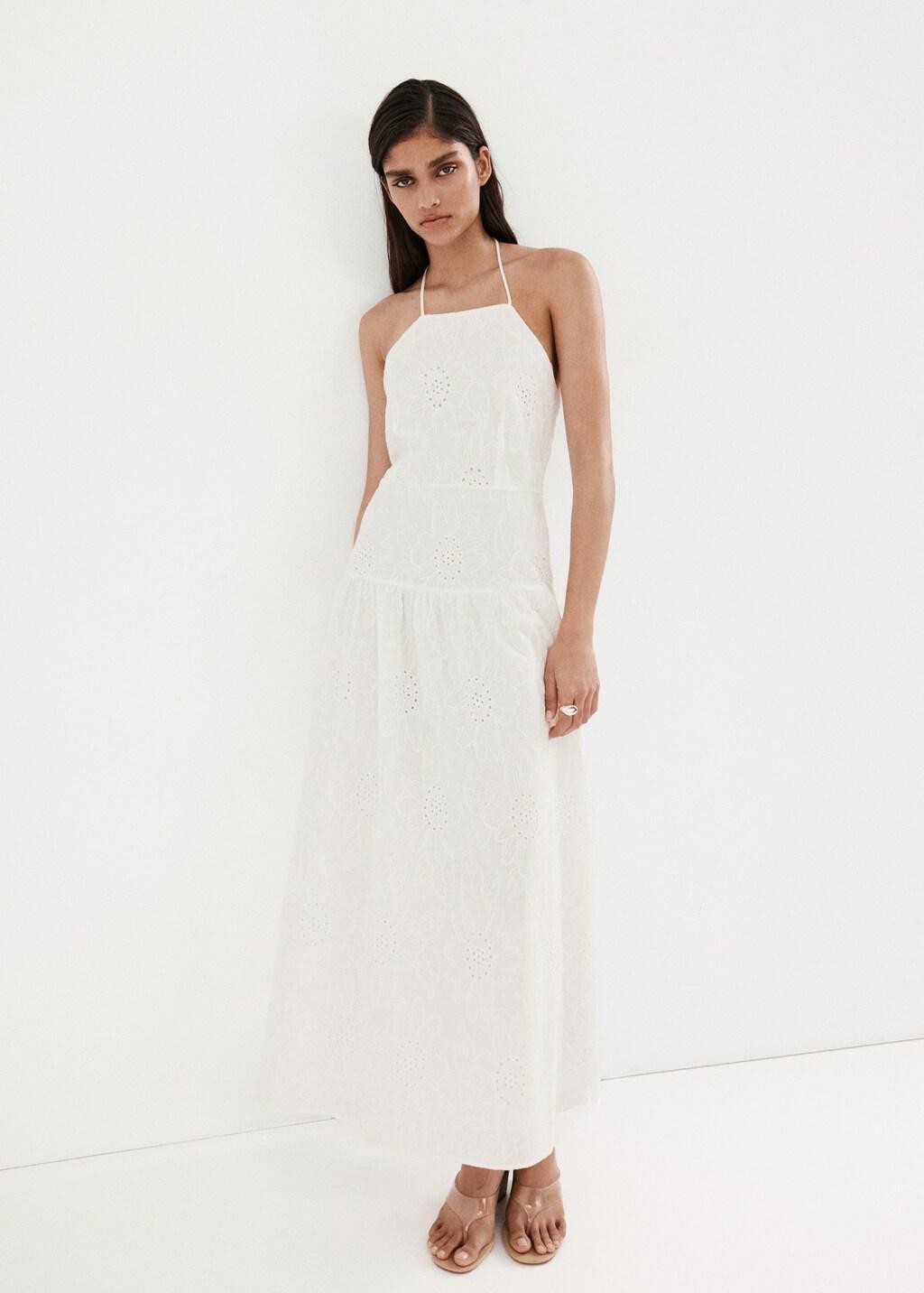 White Halter Dress With Broderie Anglaise, Natural White, large image number 0