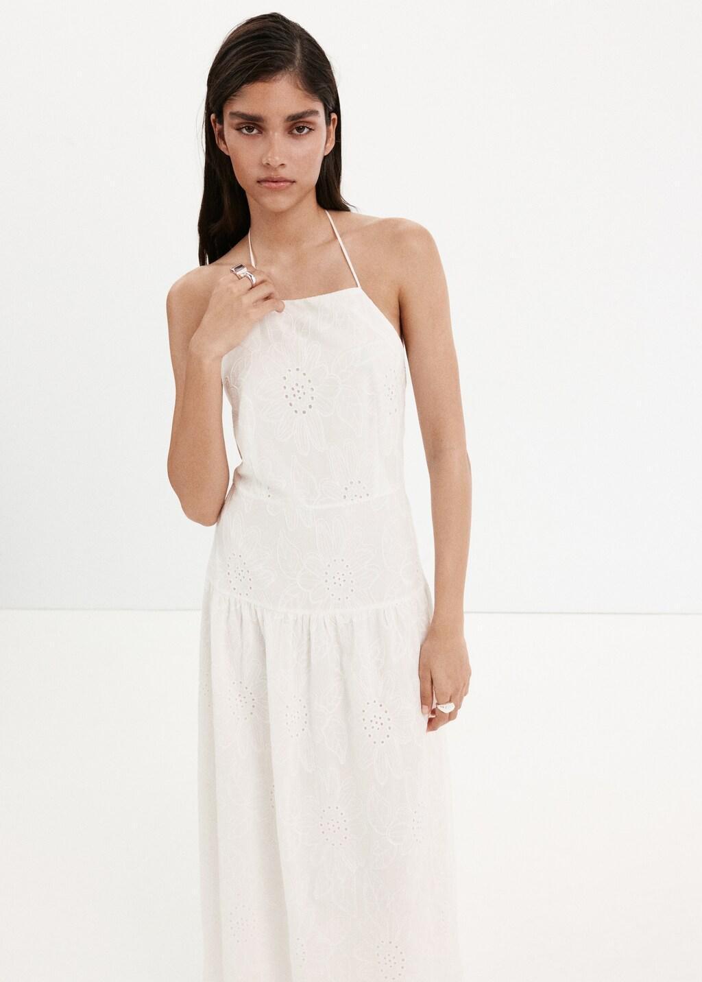 White Halter Dress With Broderie Anglaise, Natural White, large image number 3