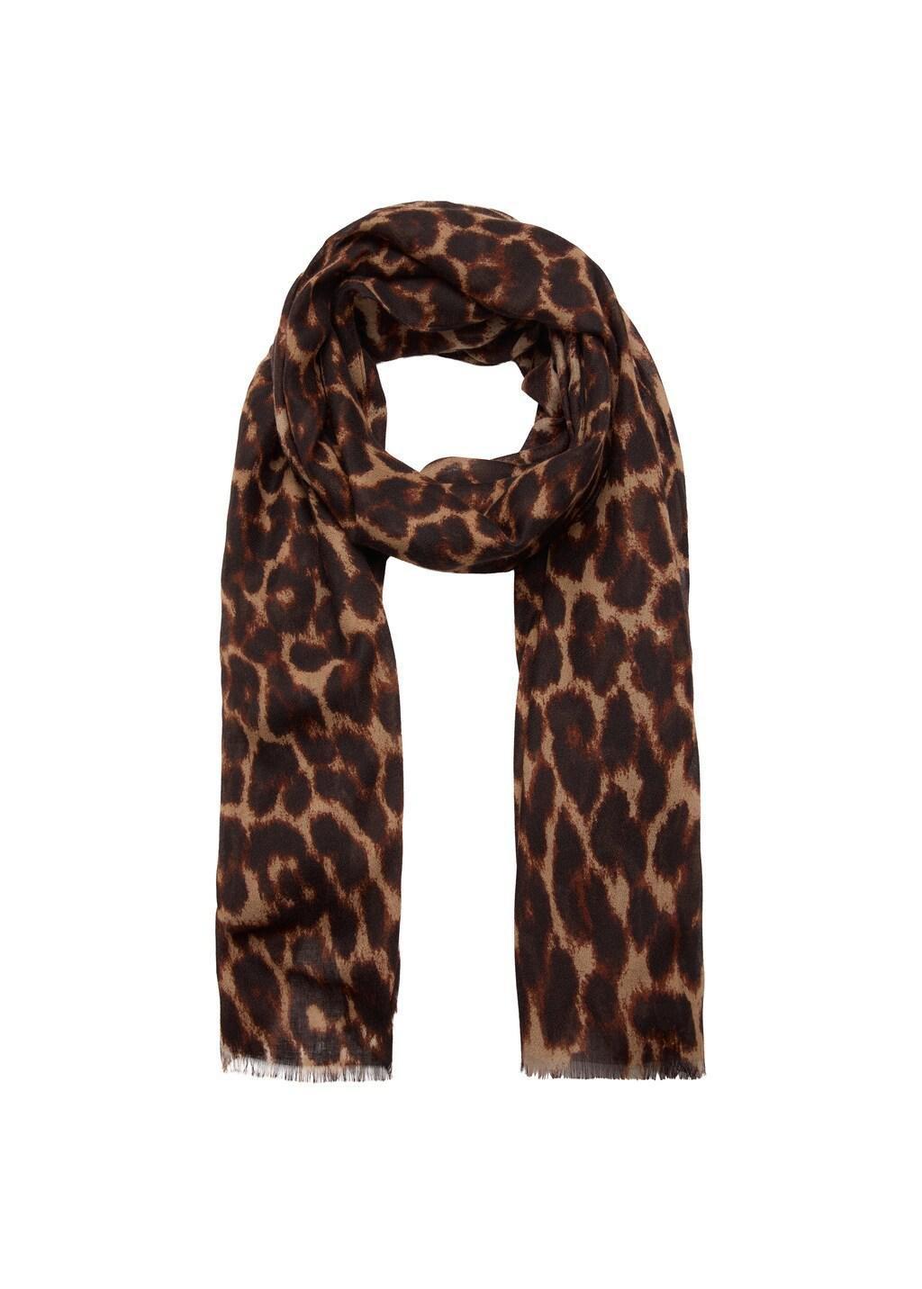 BROWN Leopard print foulard with frayed edges, Dark Brown, medium
