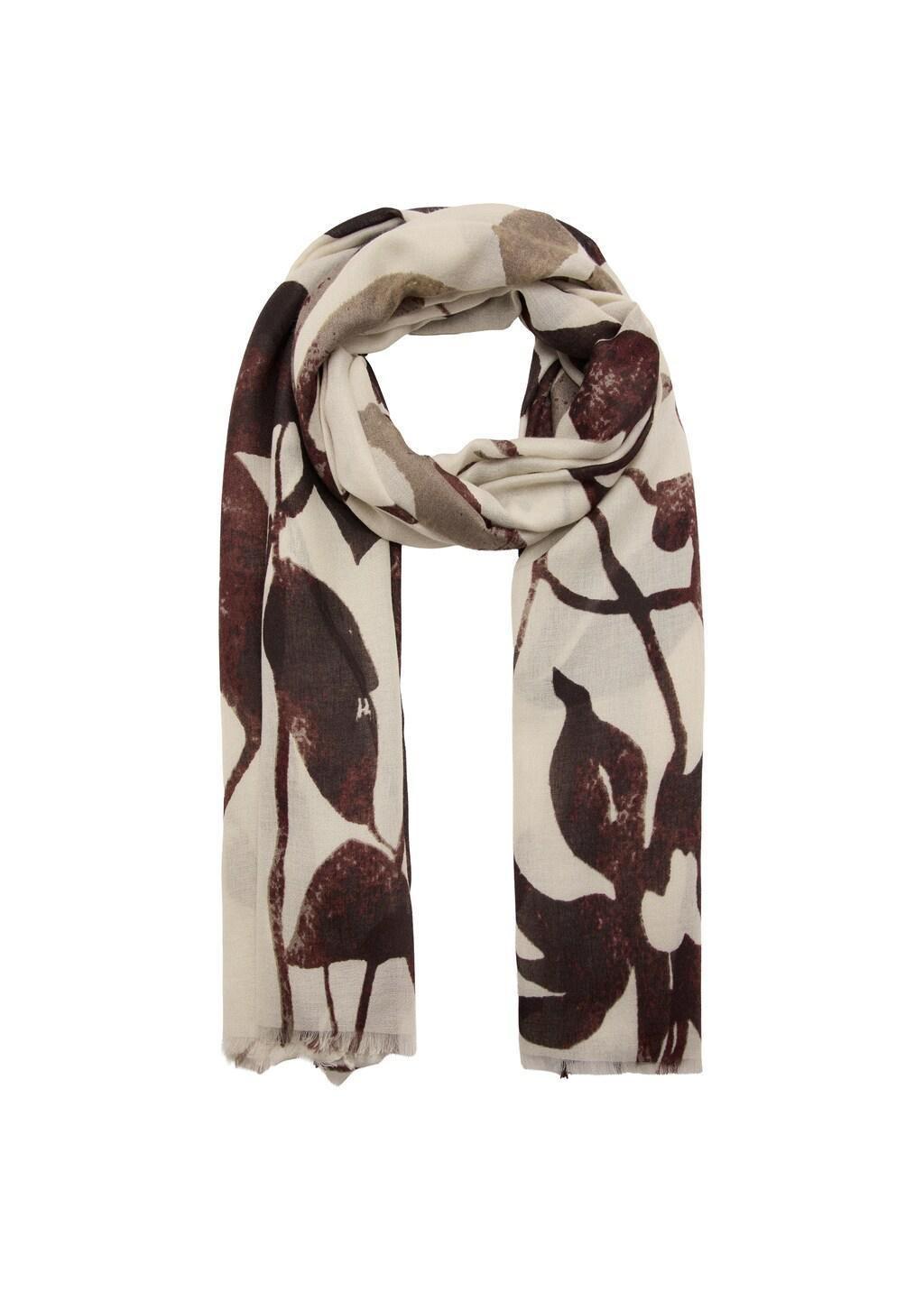 Brown Printed Scarf With Frayed Finishes, Dark Brown, large image number 1
