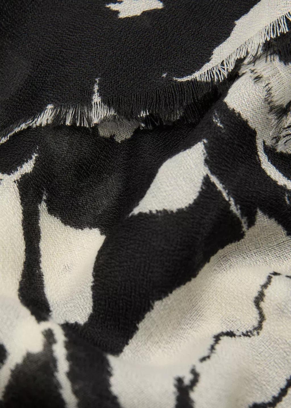 Black Printed Scarf With Frayed Finishes, Black, large image number 0