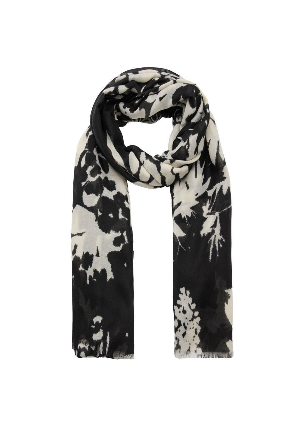 Black Printed Scarf With Frayed Finishes, Black, large image number 1