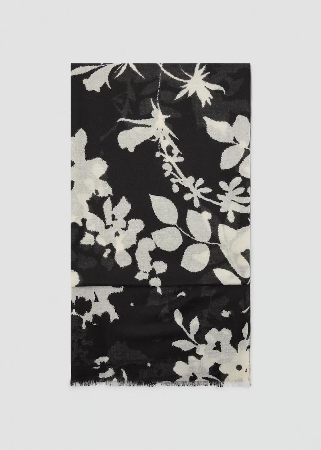 Black Printed Scarf With Frayed Finishes, Black, large image number 2