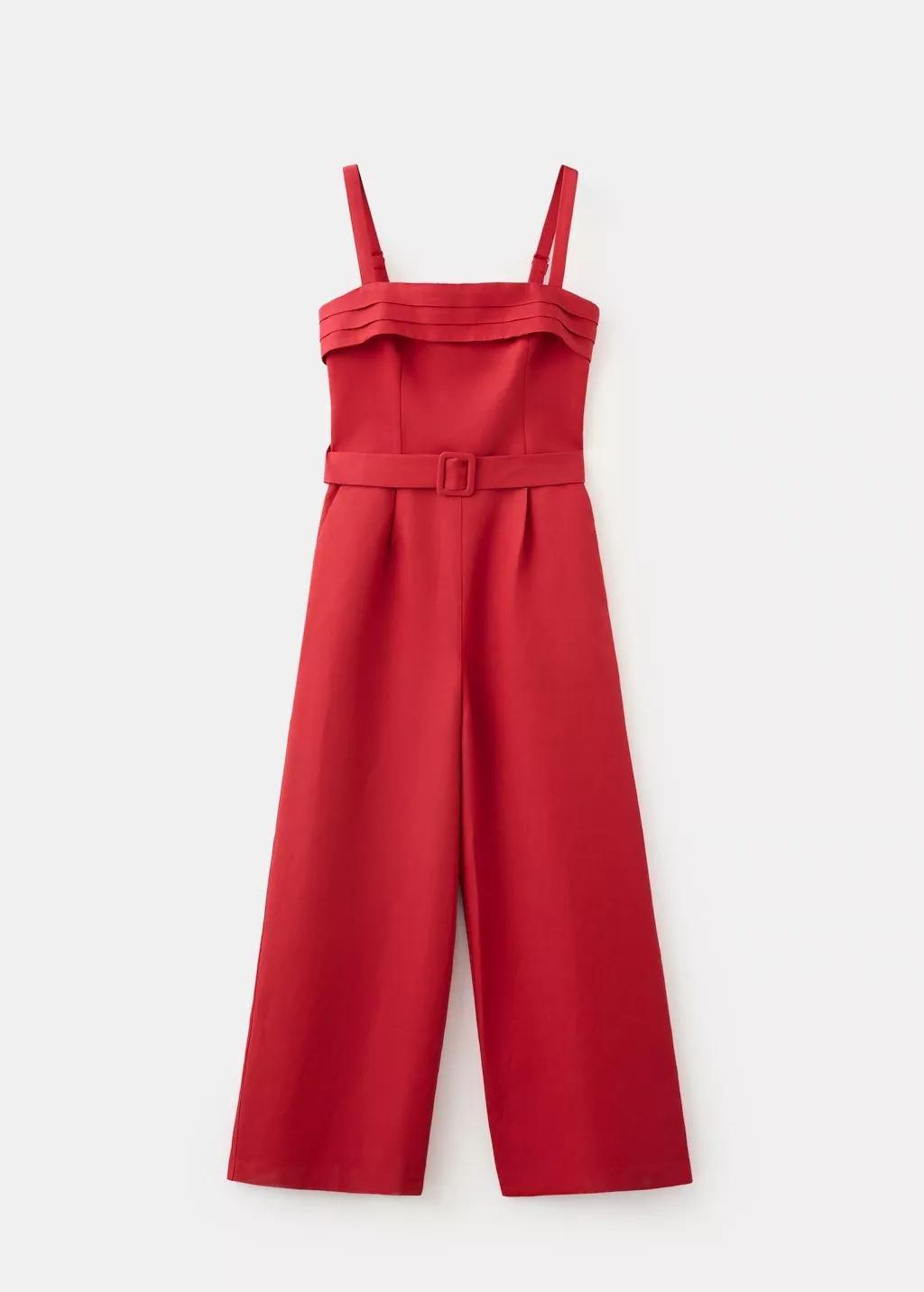 Red Belt Linen Jumpsuit, Red, medium