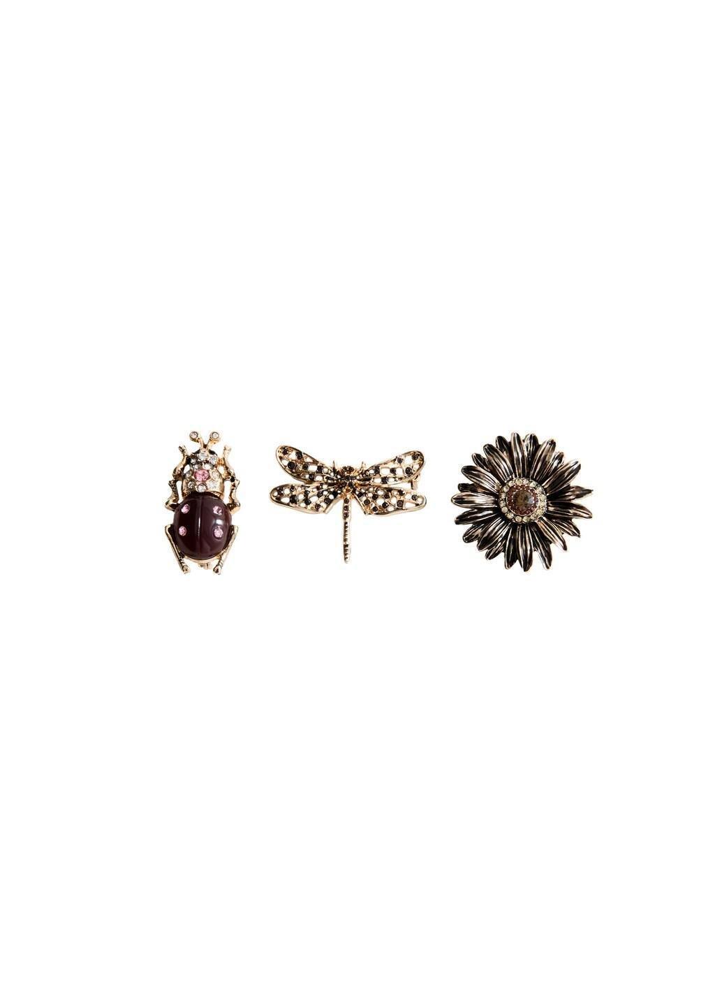 GOLD Set of 3 combined brooches, Gold, medium