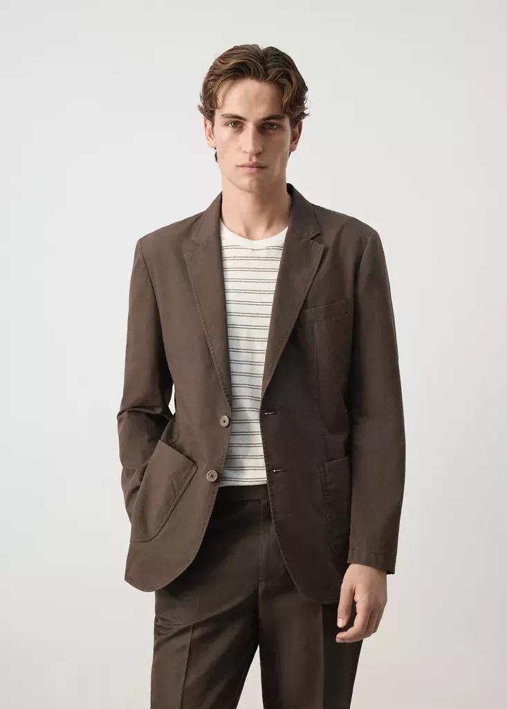 Brown Slim Fit Cotton Lyocell Blend Blazer, Brown, medium