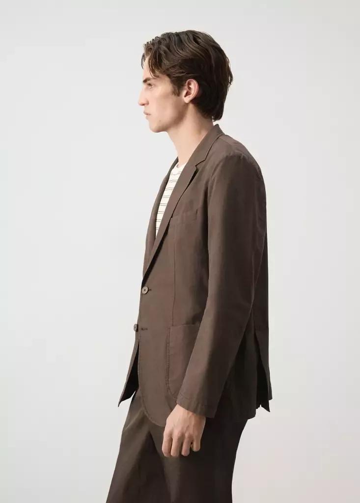 Brown Slim Fit Cotton Lyocell Blend Blazer, Brown, large image number 3