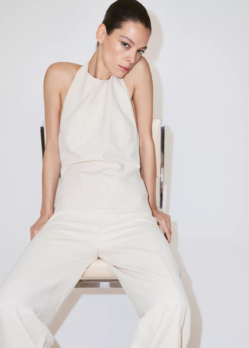 Beige Halter Jumpsuit With Contrasting Details, Light Beige, large image number 3