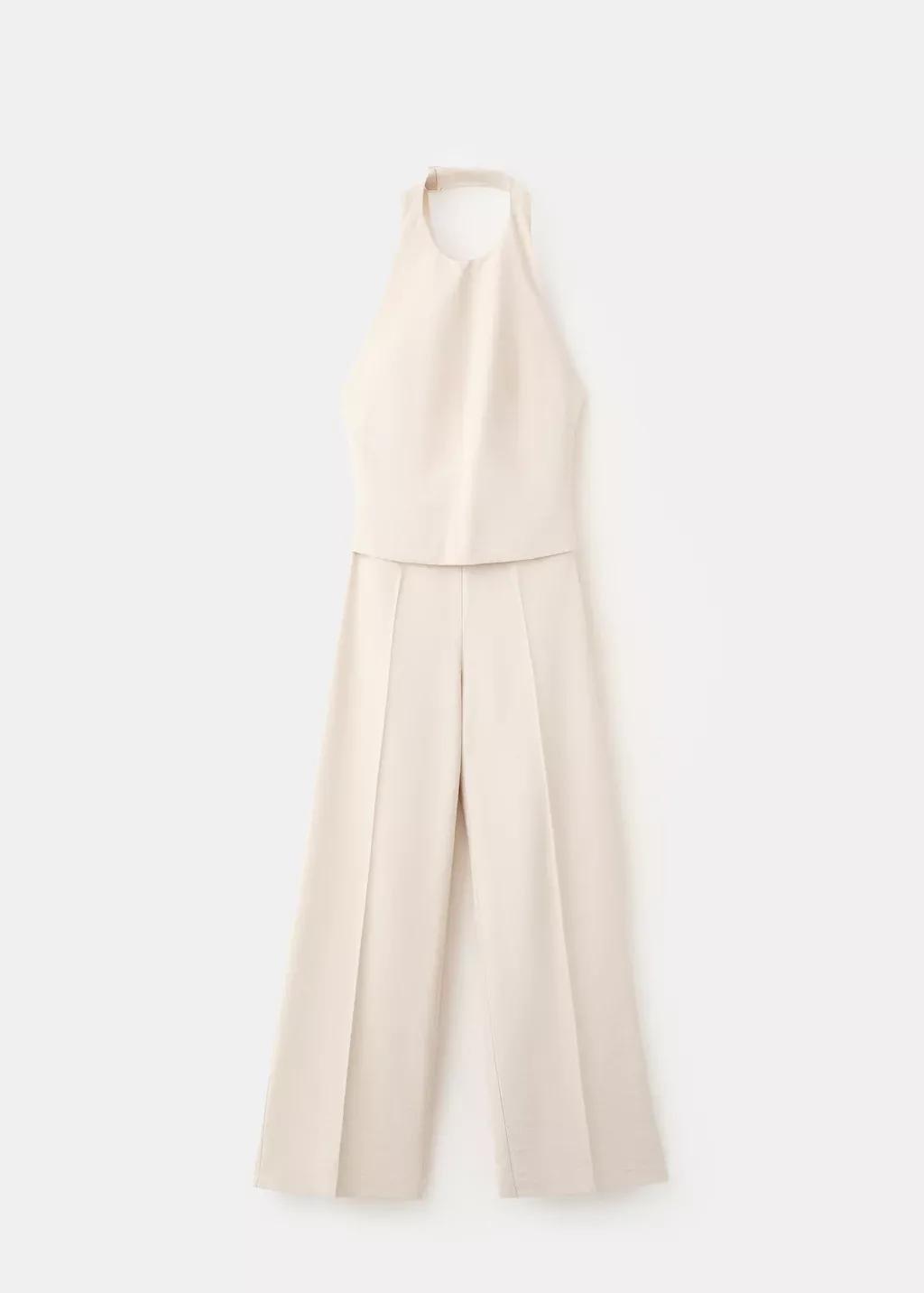 Beige Halter Jumpsuit With Contrasting Details, Light Beige, large image number 7