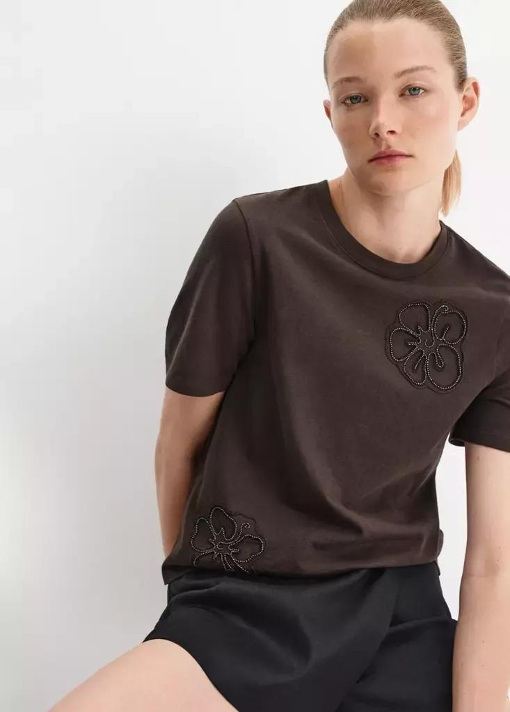 BROWN Cotton T-shirt with floral embroideries, Brown, medium