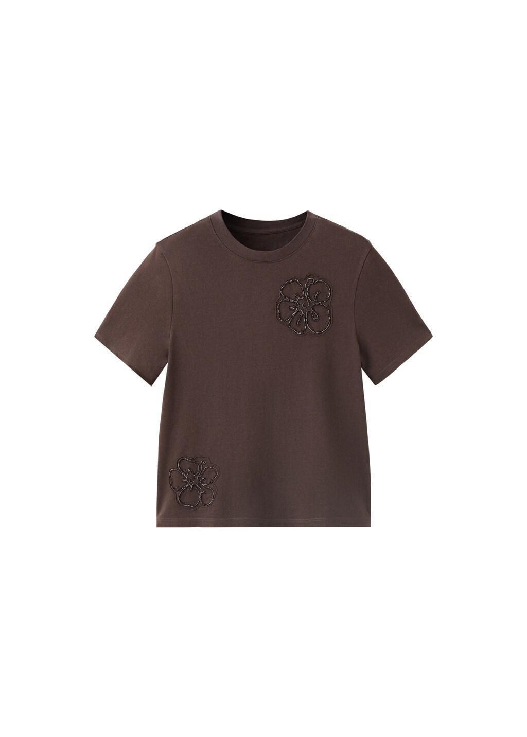 BROWN Cotton T-shirt with floral embroideries, Brown, large image number 4