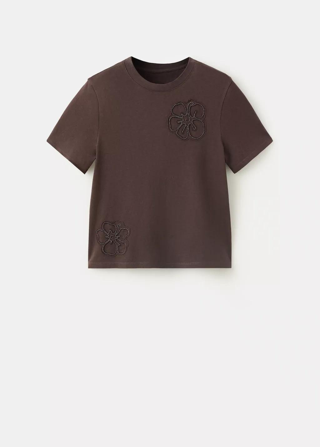 BROWN Cotton T-shirt with floral embroideries, Brown, large image number 5