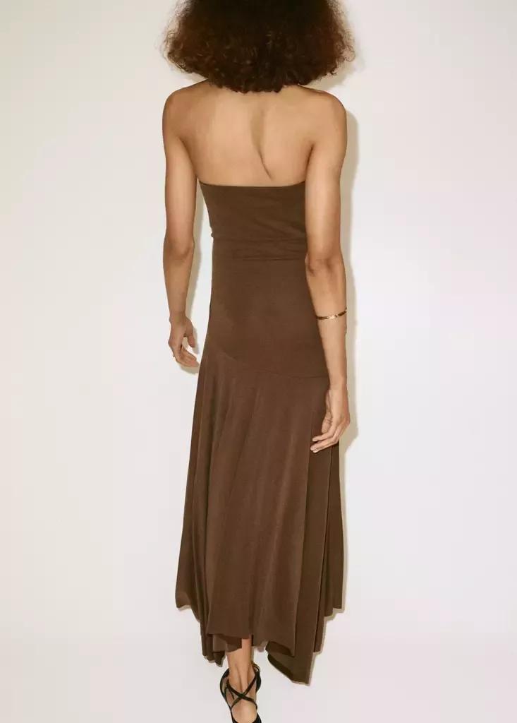 Brown Asymmetric Hem Bandeau Dress, Brown, medium