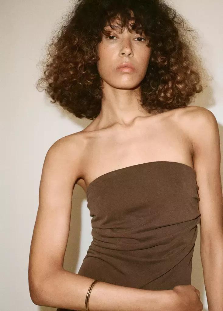 Brown Asymmetric Hem Bandeau Dress, Brown, large image number 2