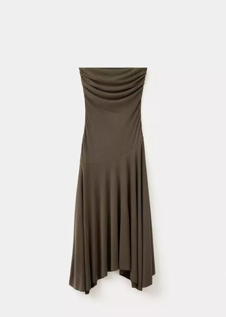 Brown Asymmetric Hem Bandeau Dress, Brown, large image number 4