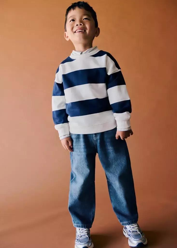 White Relaxed Fit Striped Sweatshirt, Baby Boy, White, large image number 0