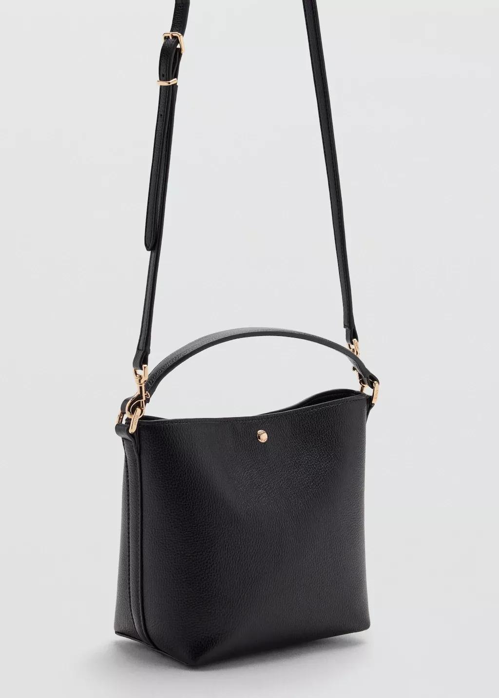 Black Faux-Leather Bucket Handbag, Black, medium