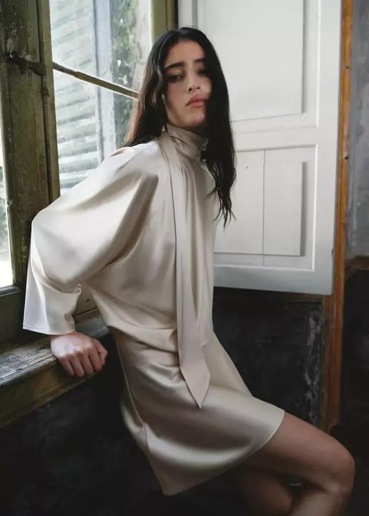LIGHT BEIGE Satin dress with bow, Light Beige, large image number 3