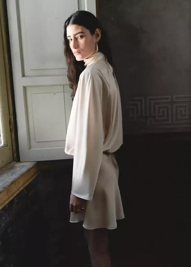 LIGHT BEIGE Satin dress with bow, Light Beige, large image number 4