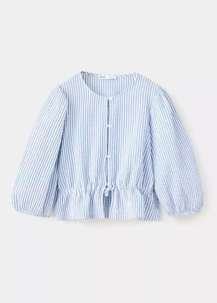 Blue Gathered Cotton Stripe Shirt, Kids Girls, Medium Blue, medium