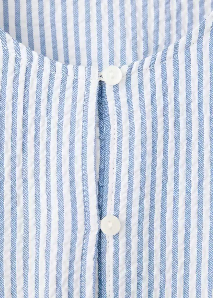 Blue Gathered Cotton Stripe Shirt, Kids Girls, Medium Blue, medium