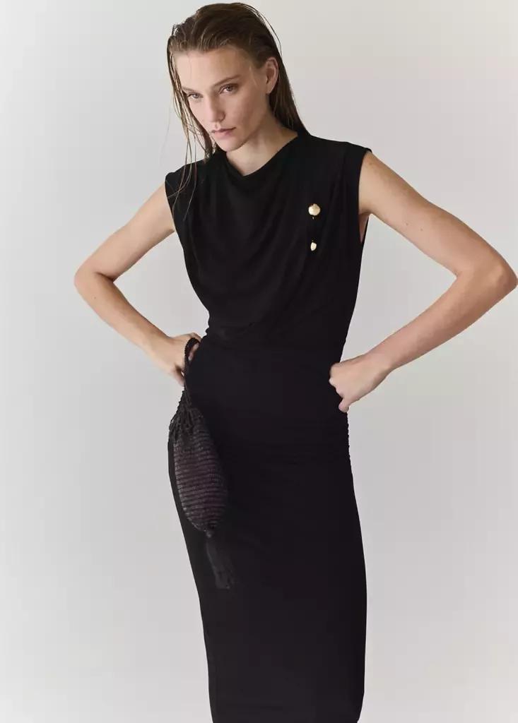 Black Draped Midi-Dress, , large image number 1