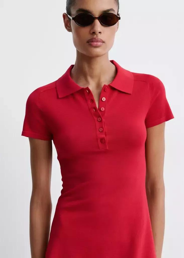 Red Knitted Dress With Polo Neck, Red, large image number 1