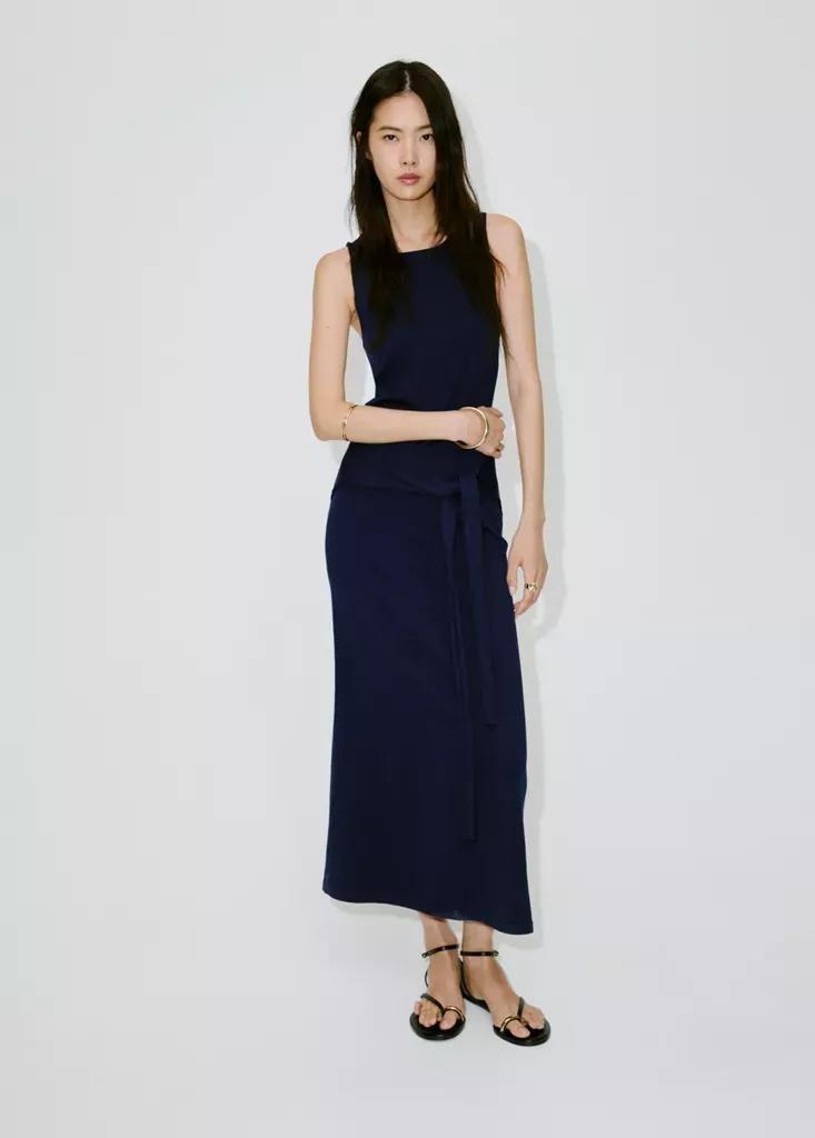 Navy Tie-Detail Knitted Dress, Navy, medium