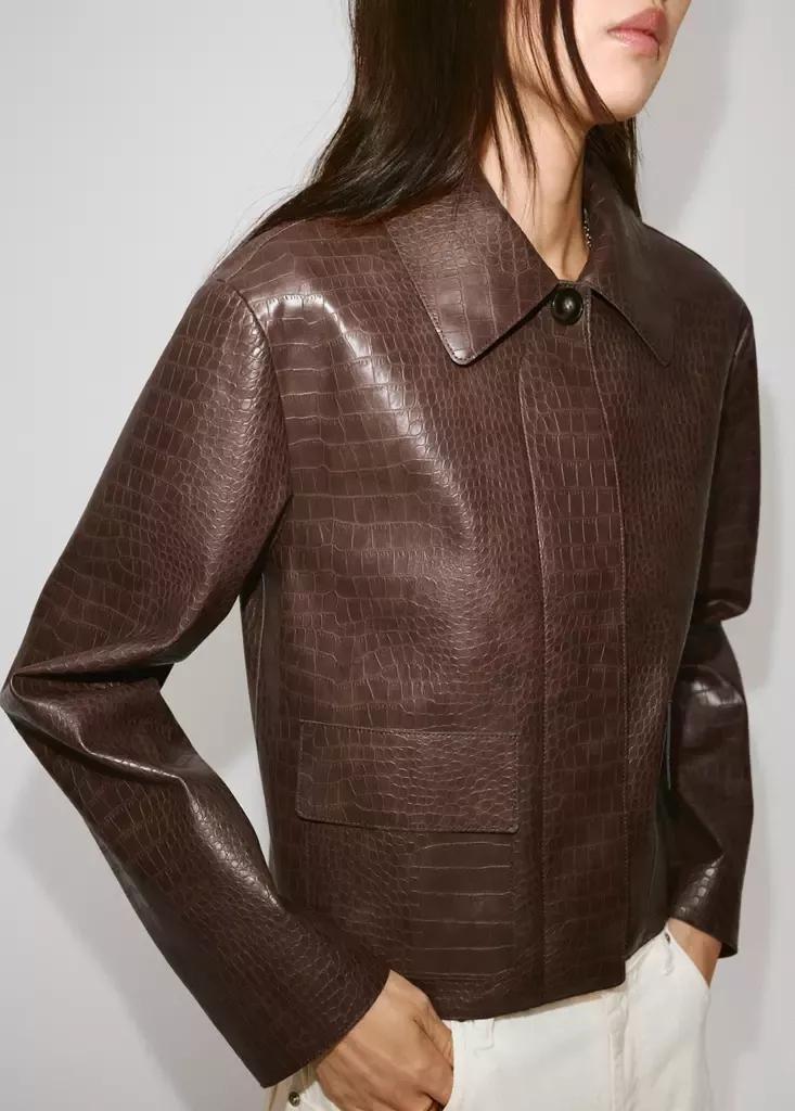 Brown Croc-Effect Faux Leather Jacket, Medium Brown, medium