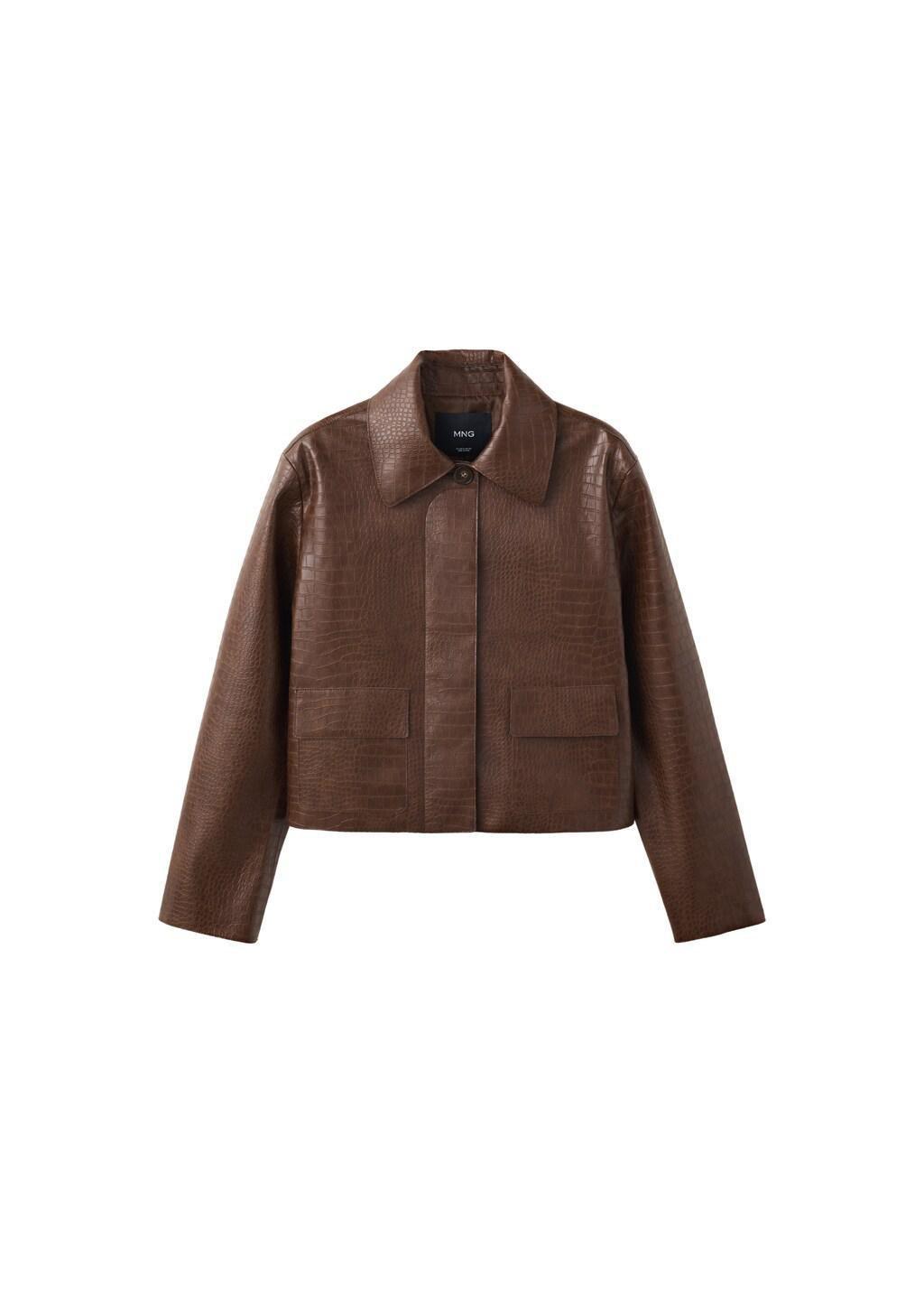 Brown Croc-Effect Faux Leather Jacket, Medium Brown, large image number 3