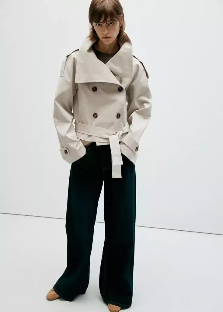 Grey Double-Breasted Cropped Trench Coat, Light Pastel Grey, medium