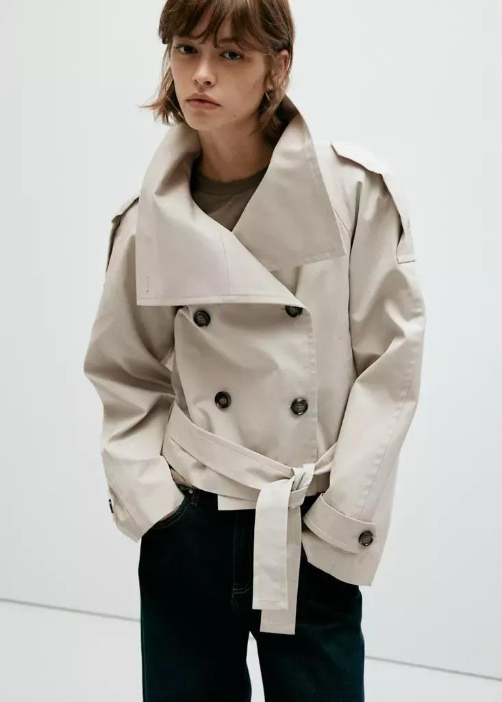 Grey Double-Breasted Cropped Trench Coat, Light Pastel Grey, large image number 1