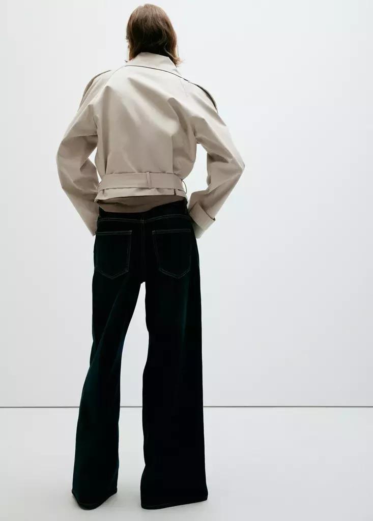 Grey Double-Breasted Cropped Trench Coat, Light Pastel Grey, large image number 2
