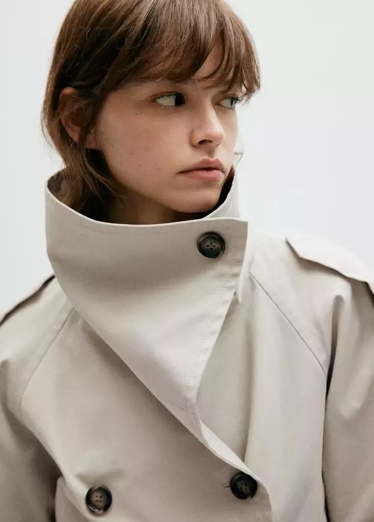 Grey Double-Breasted Cropped Trench Coat, Light Pastel Grey, large image number 3