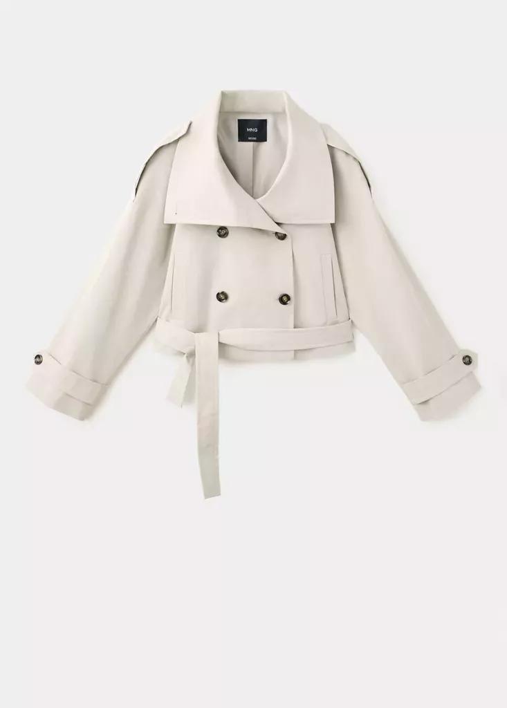Grey Double-Breasted Cropped Trench Coat, Light Pastel Grey, large image number 4