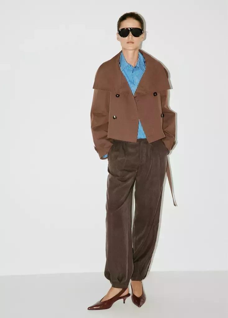 Brown Double-Breasted Cropped Trench Coat, , large image number 0