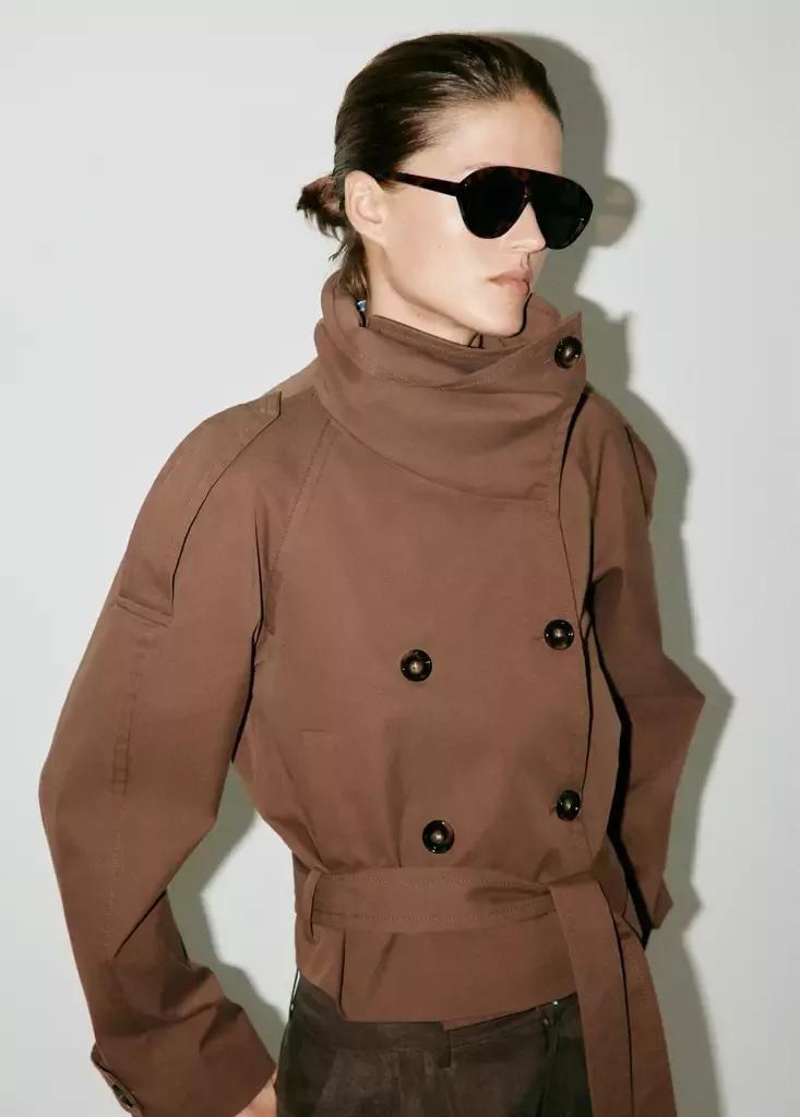 Brown Double-Breasted Cropped Trench Coat, , medium