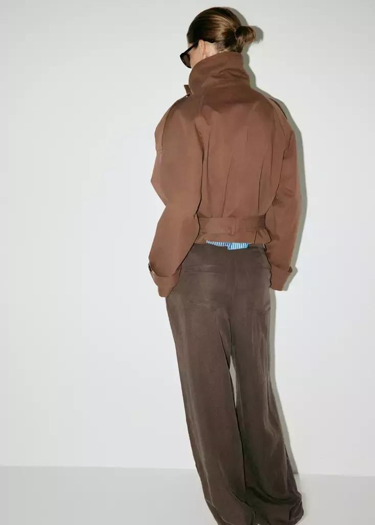 Brown Double-Breasted Cropped Trench Coat, , medium