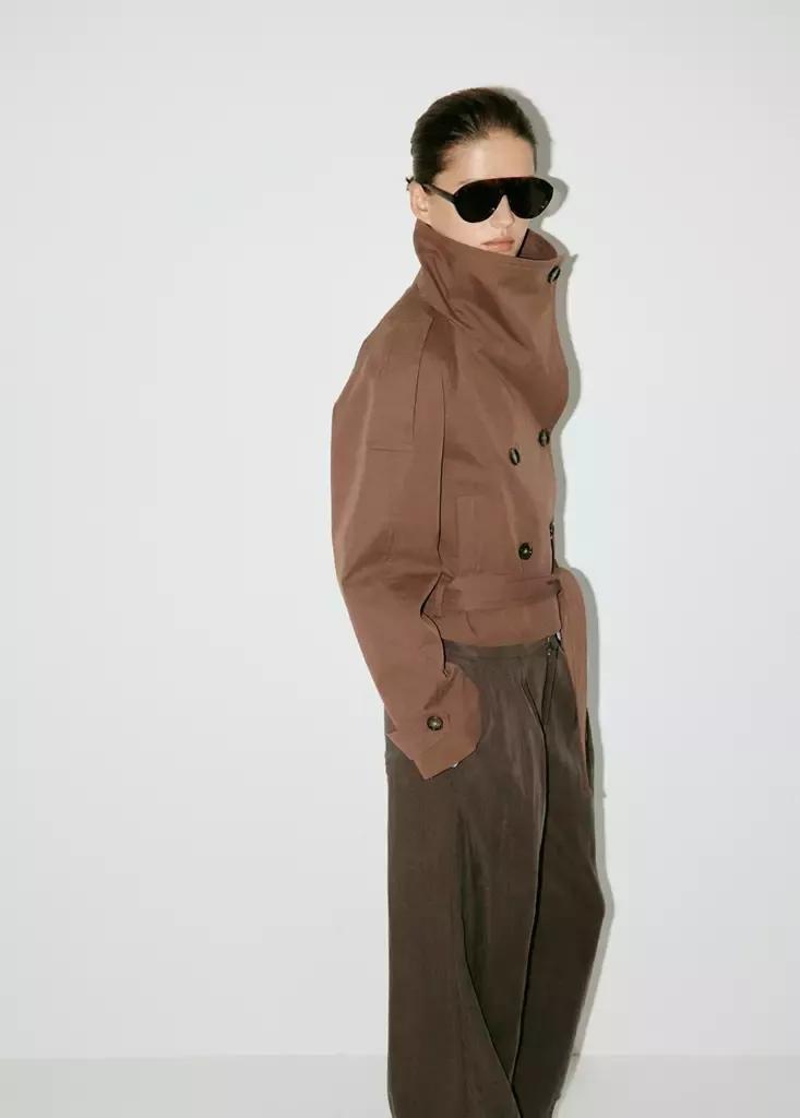 Brown Double-Breasted Cropped Trench Coat, , large image number 4