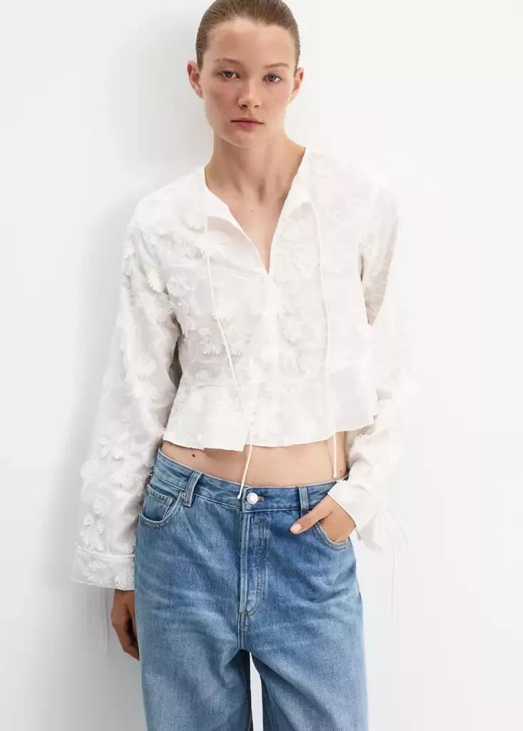 White Cotton Blouse With Floral Embroideries, White, medium