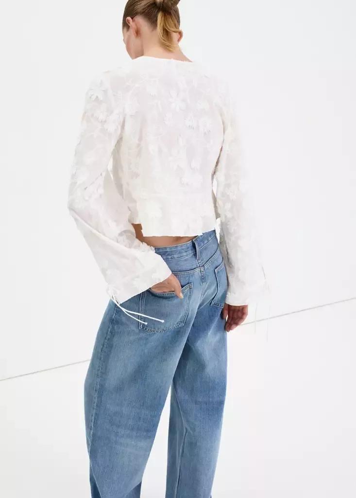 White Cotton Blouse With Floral Embroideries, White, medium