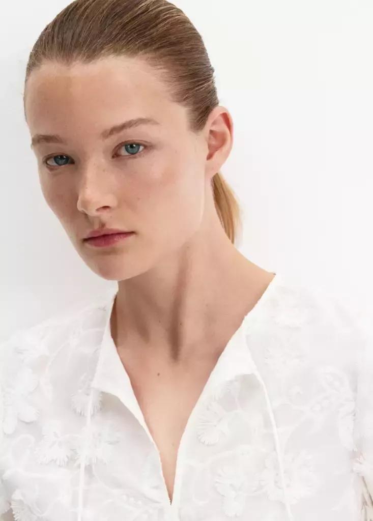 White Cotton Blouse With Floral Embroideries, White, large image number 3