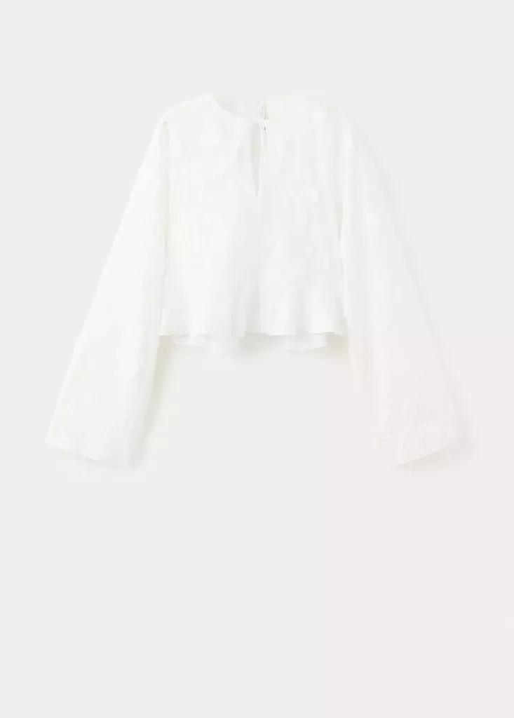White Cotton Blouse With Floral Embroideries, White, large image number 4