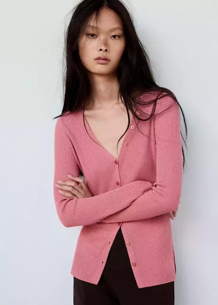 Pink Buttoned Ribbed Cardigan, , large image number 1