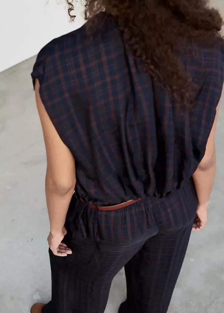 Navy Gathered Check Blouse, Medium Blue, medium