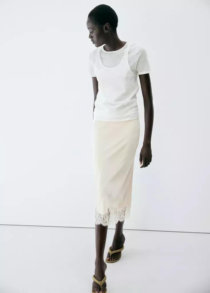 Cream Satin Lace Skirt, , medium