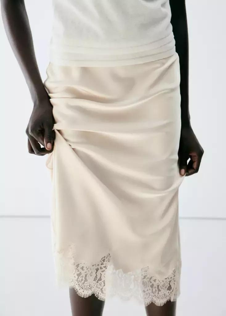 Cream Satin Lace Skirt, , medium