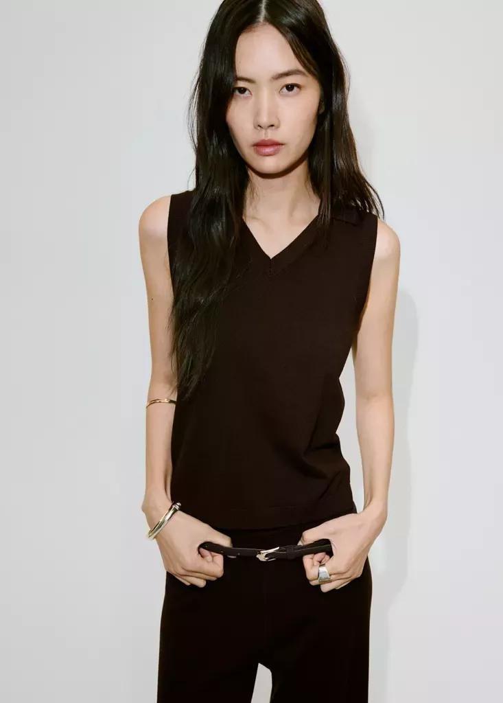 Brown V-Neck Knit Top, Dark Brown, large image number 0