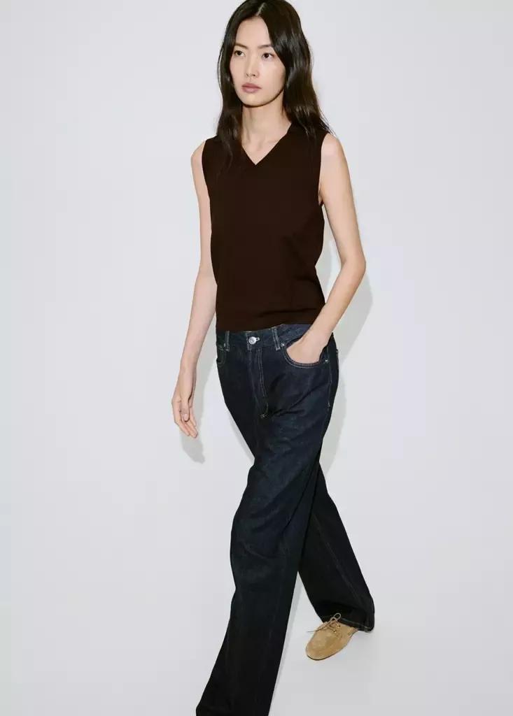 Brown V-Neck Knit Top, Dark Brown, large image number 3